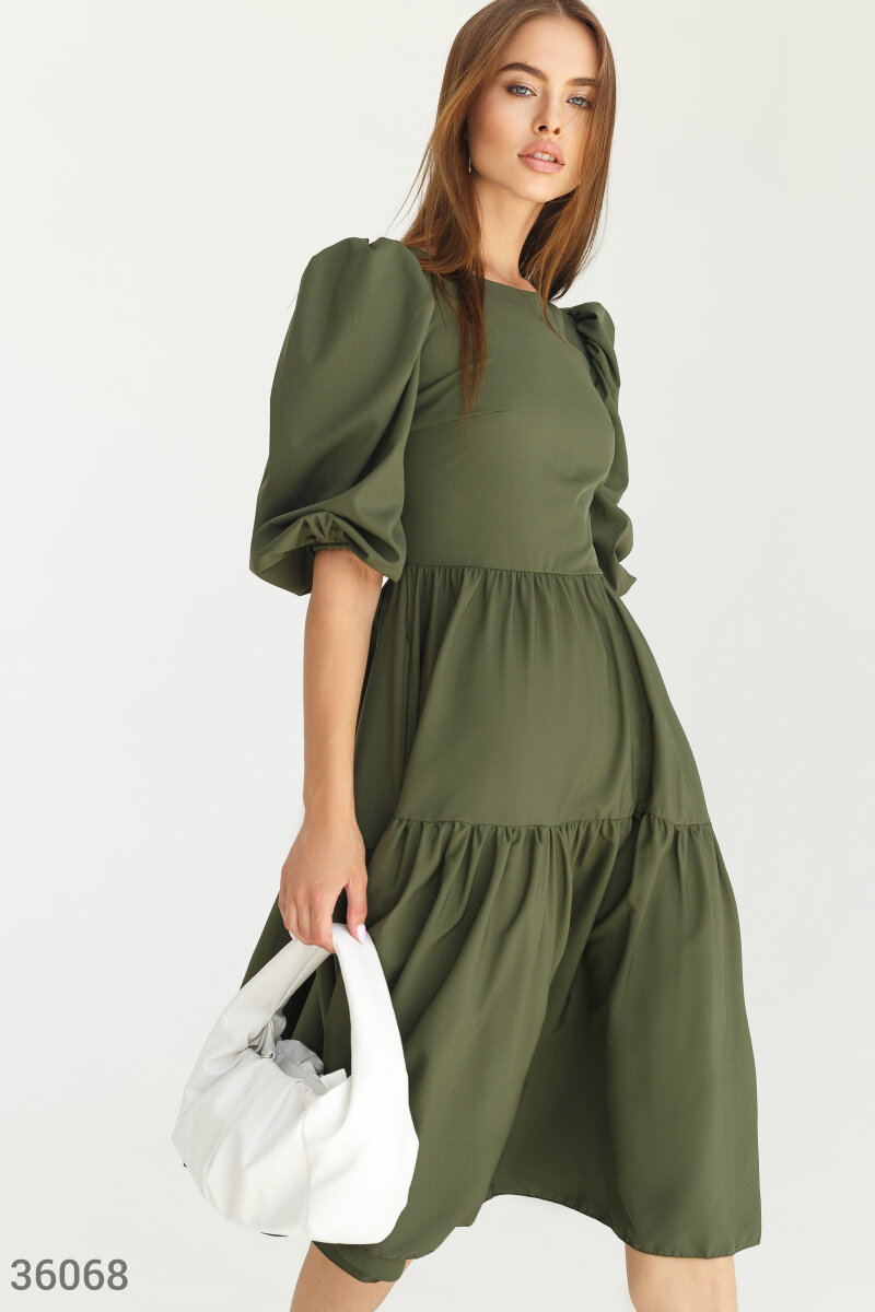 

Сукня з об'ємними рукавами кольору хакі