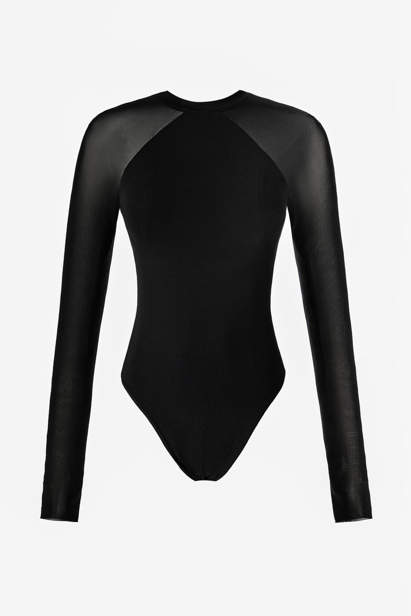 Чорний боді з акцентними рукавами з сітки
Чорний боді з акцентними рукавами з сітки