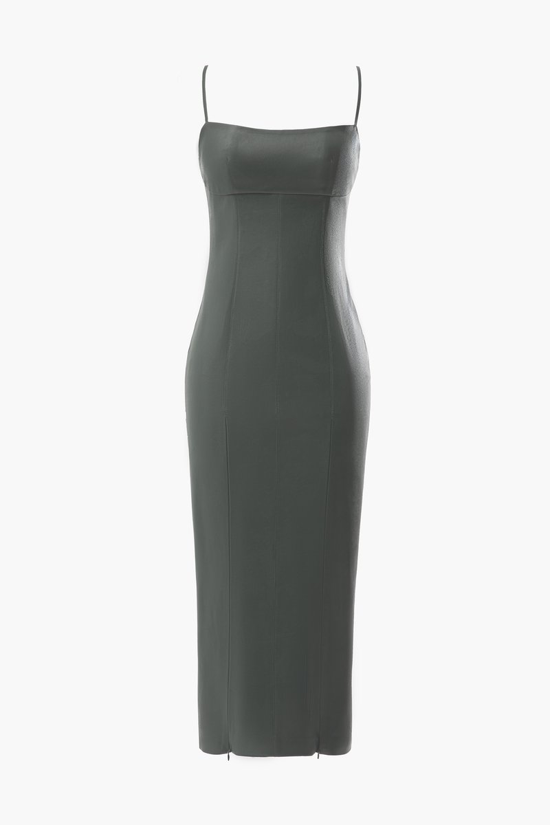 Сіра шкіряна сукня міді з розрізами
Сіра шкіряна сукня міді з розрізами