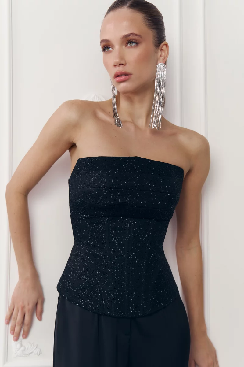 Чорний сатиновий корсет із баскою