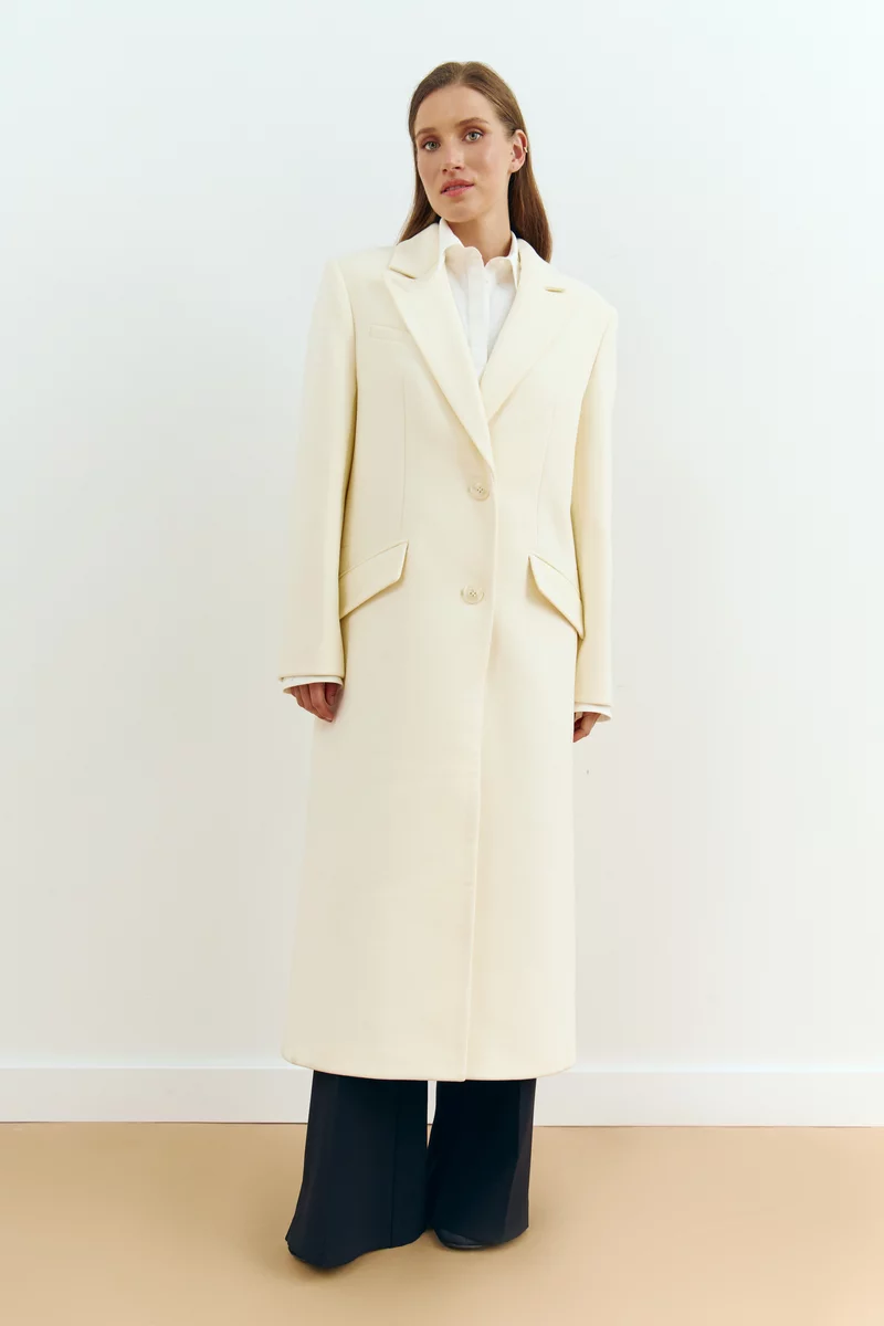 Молочне шерстяне пальто прямого крою - фото 1