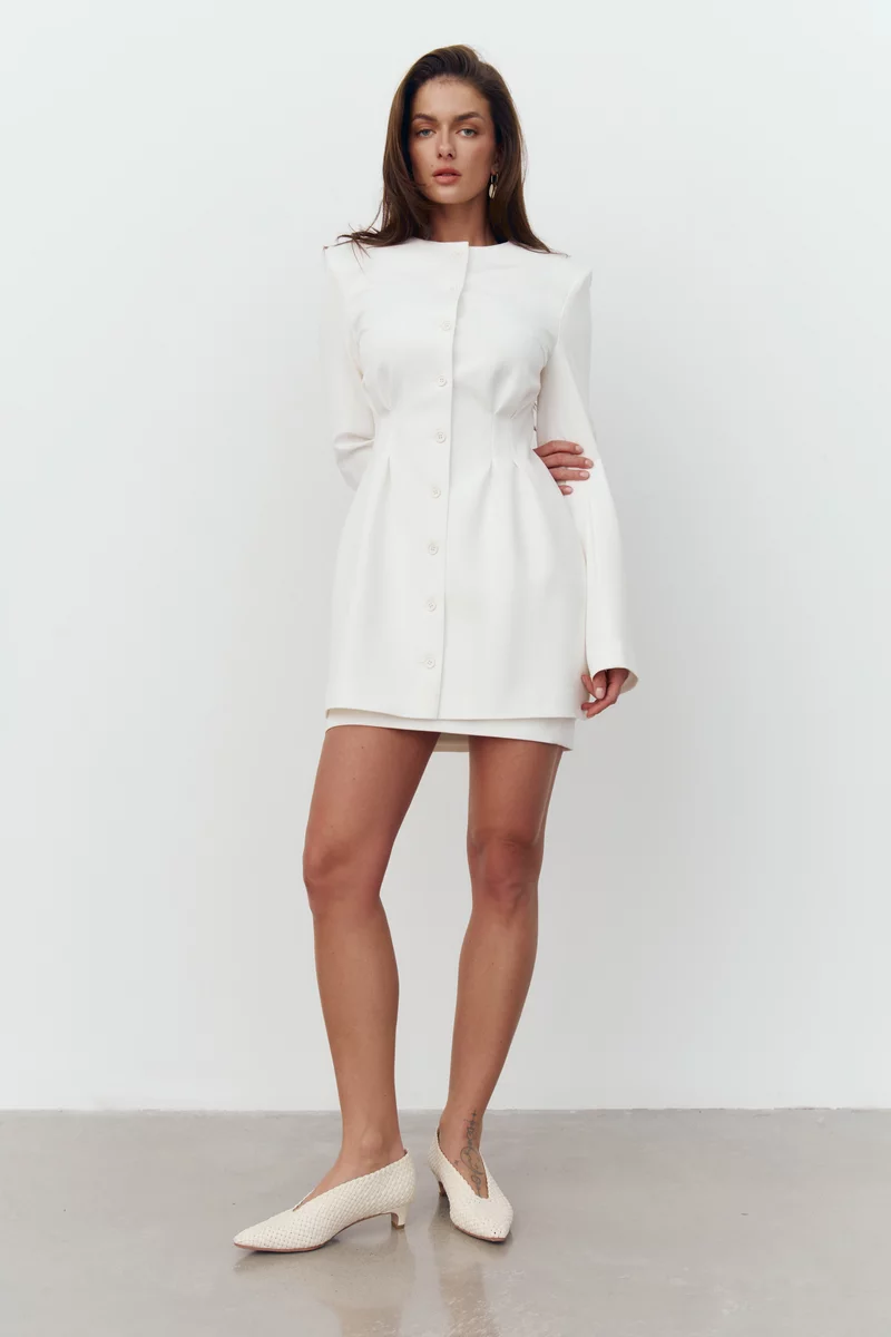 Молочний комплект із сукні міні та спідниці із костюмної тканини