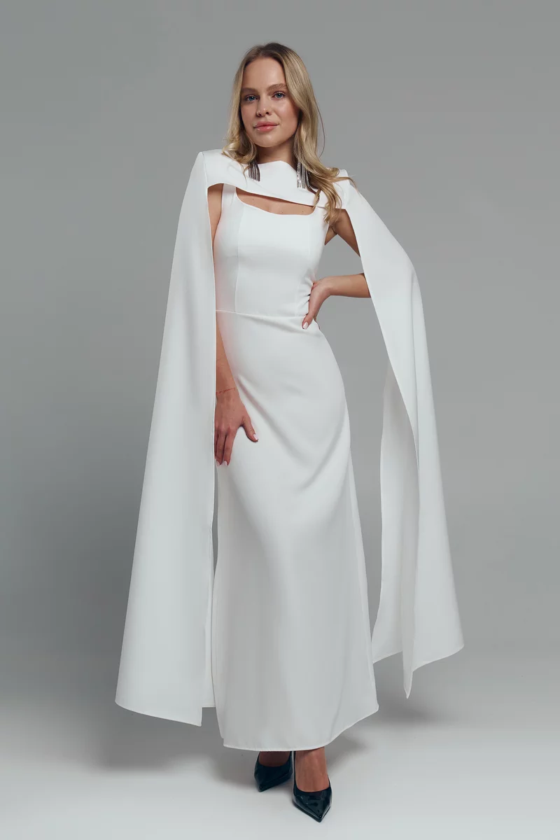 Біла сукня максі з накидкою