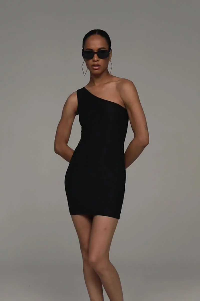 ワンピース &her Typewriter Dress / BLACK SnatchedKnit One-Shoulder Knee Dress