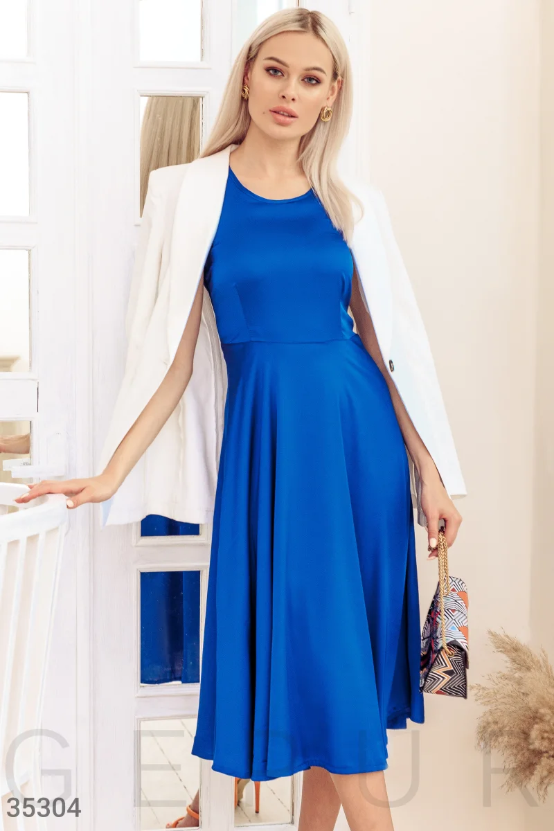 Синее шелковое платье-миди фотография 1