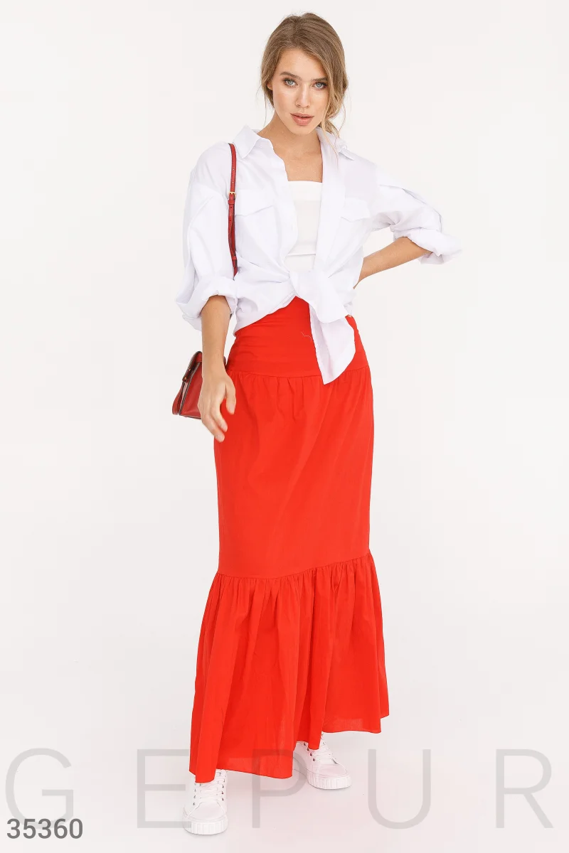 Красная многоярусная юбка-макси фотография 1