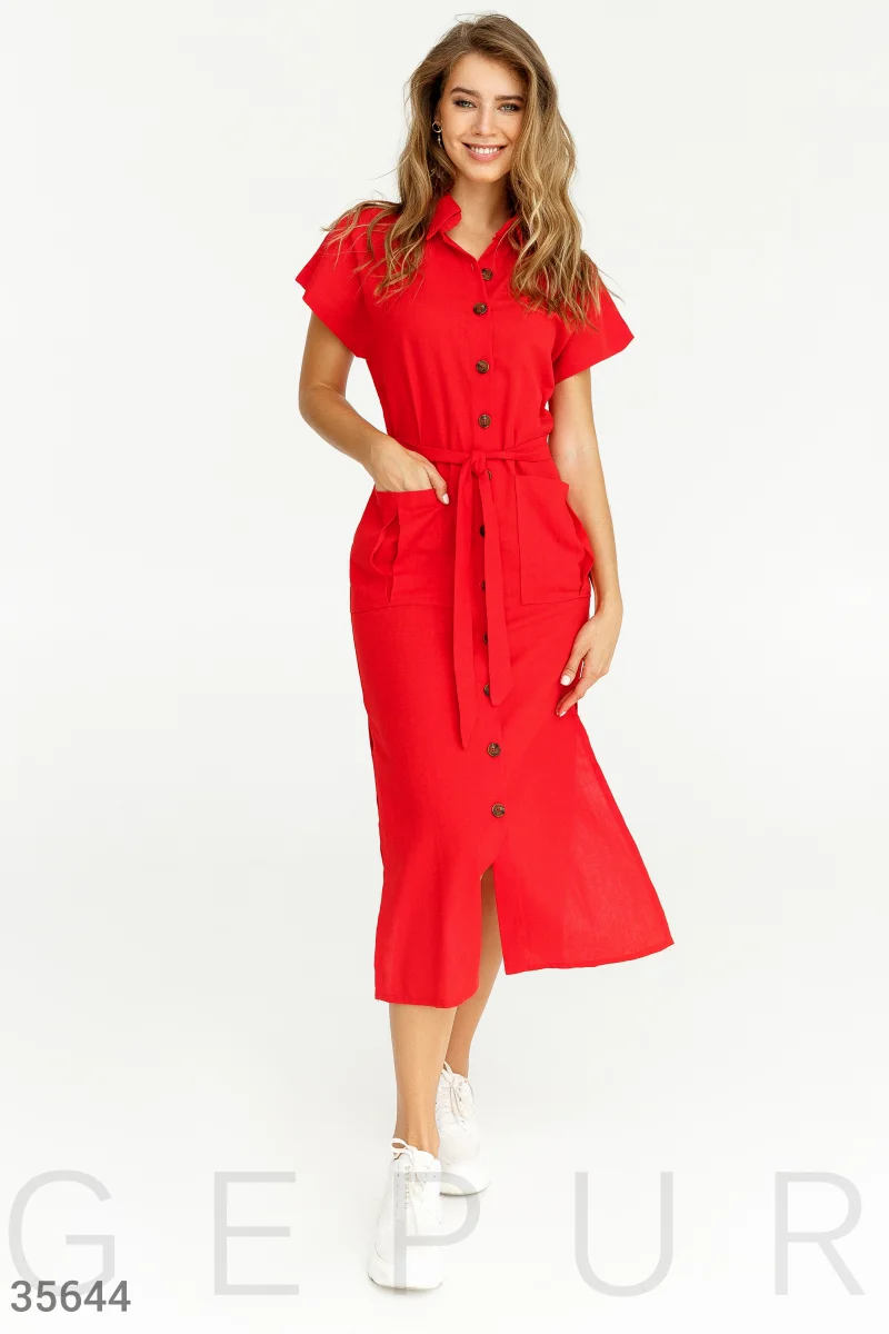 Повседневное льняное платье-рубашка красного цвета фотографія 1