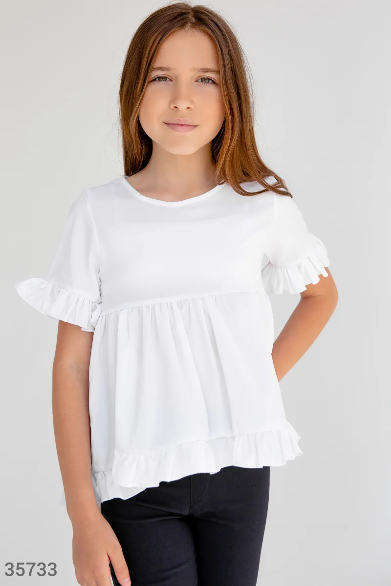 Белая школьная блуза с воланами фотография 1