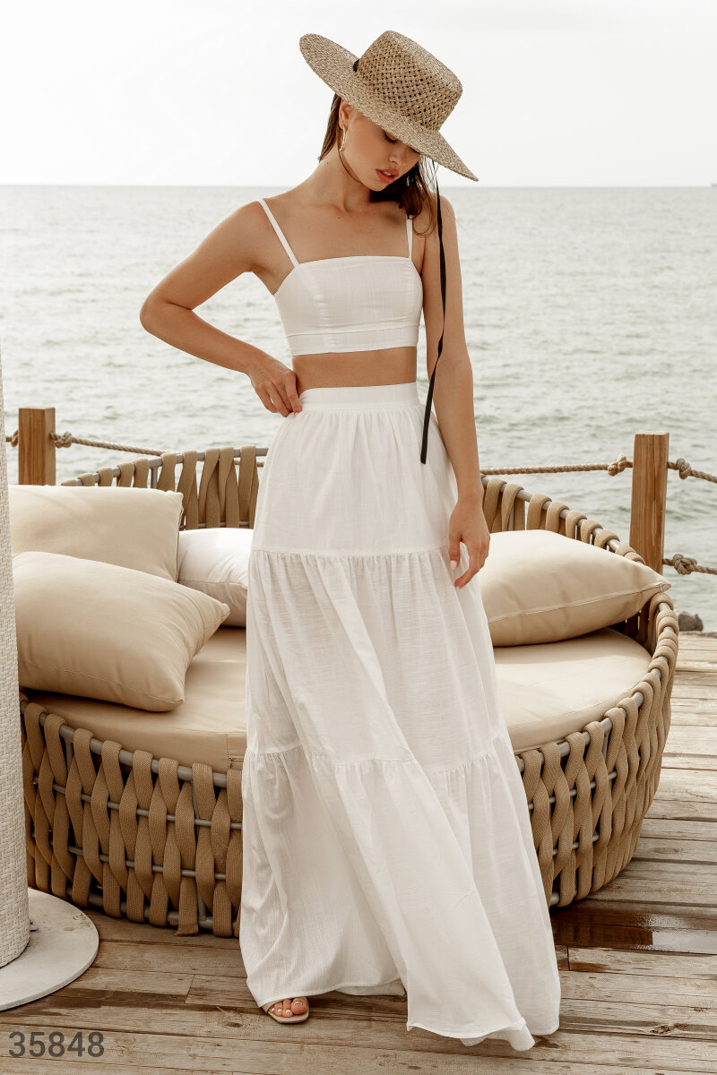 Многоярусная белая юбка-макси фотография 2