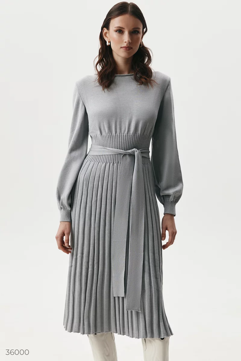 Gray knitted midi dress with pleated bottom photo 1