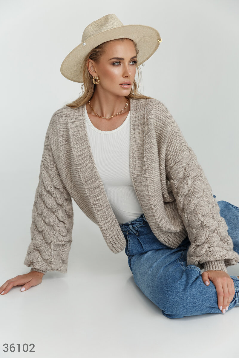 Cropped cardigan with voluminous sleeves Beige 36102