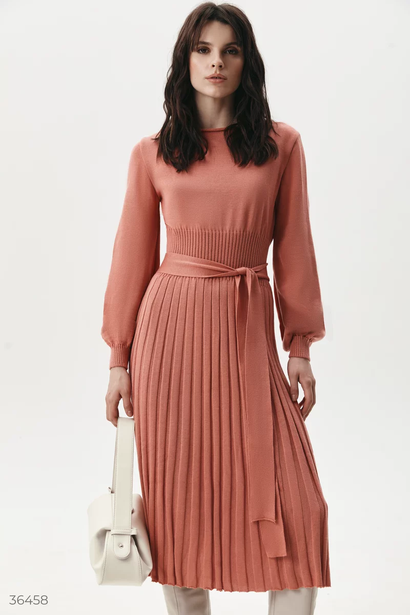 Coral knit midi dress with pleated bottom photo 2