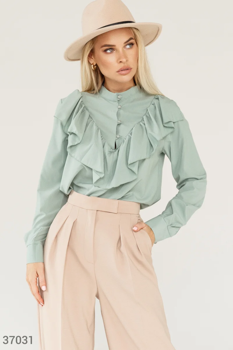 Блуза с воланом мятного оттенка фотографія 1