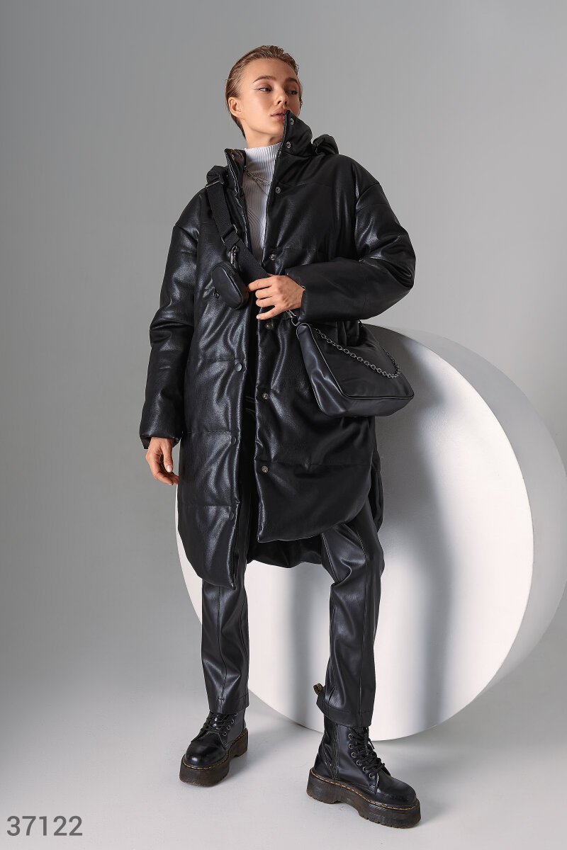 Утепленная куртка из черной кожи Черный 37122