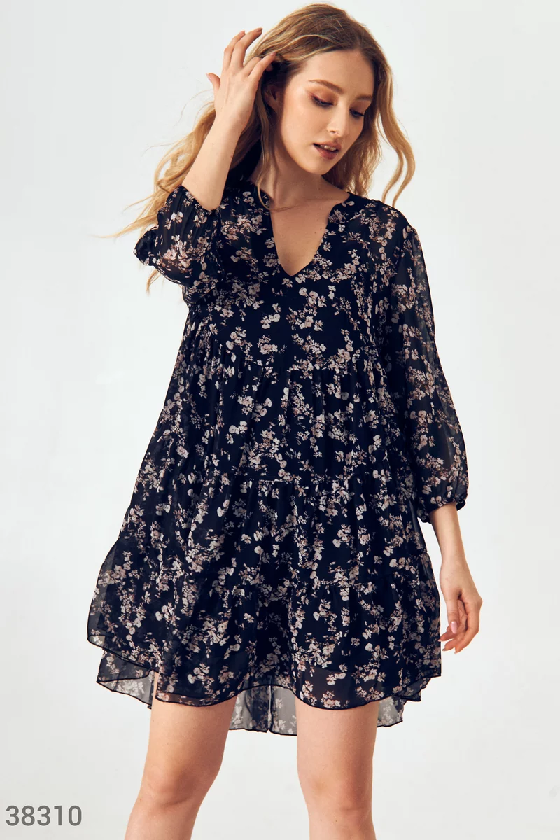 Черное шифоновое платье с цветочным принтом фотография 1