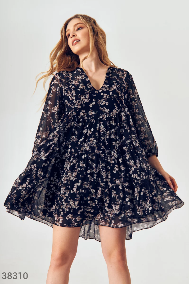 Black chiffon dress with floral print photo 2