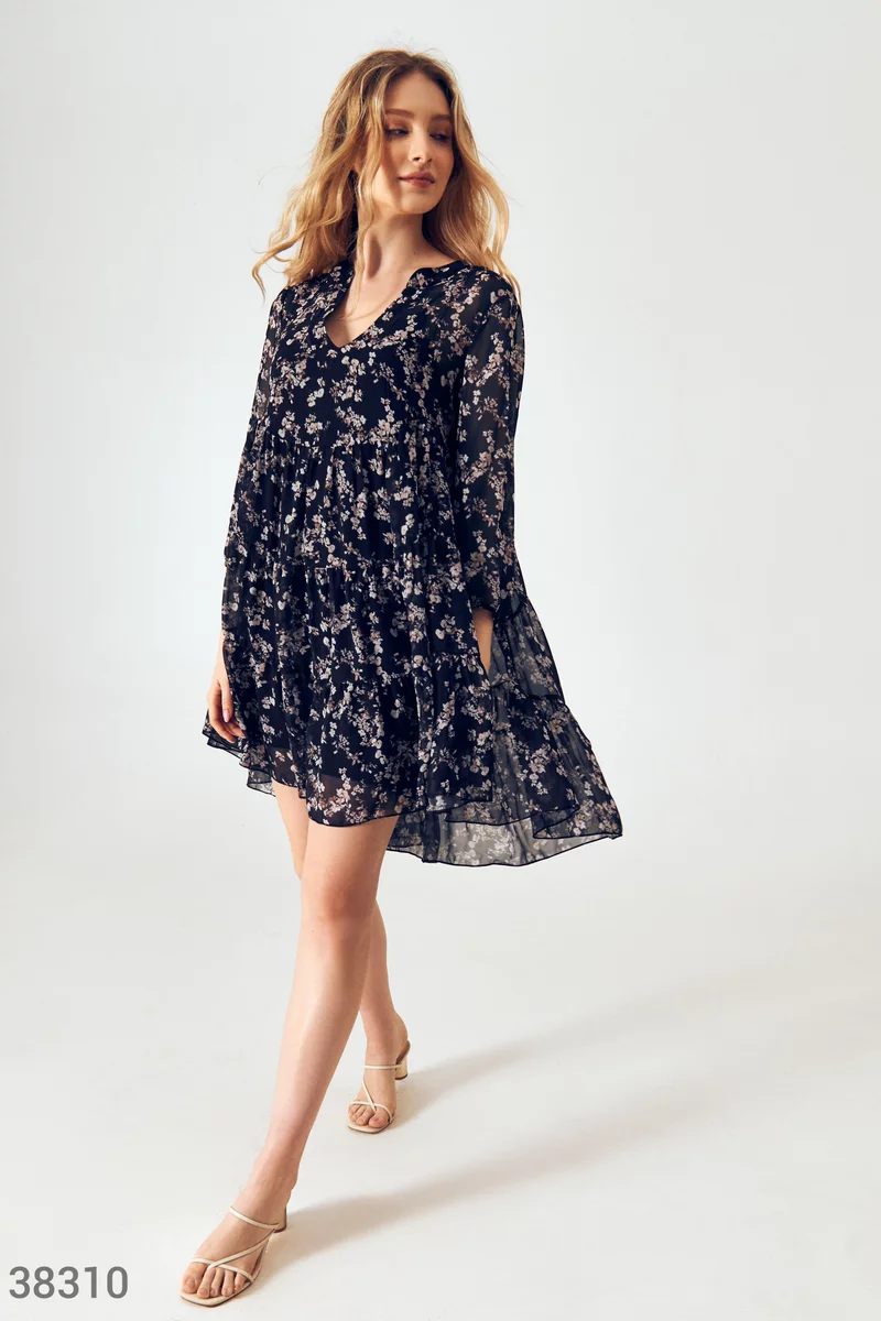Черное шифоновое платье с цветочным принтом фотография 3