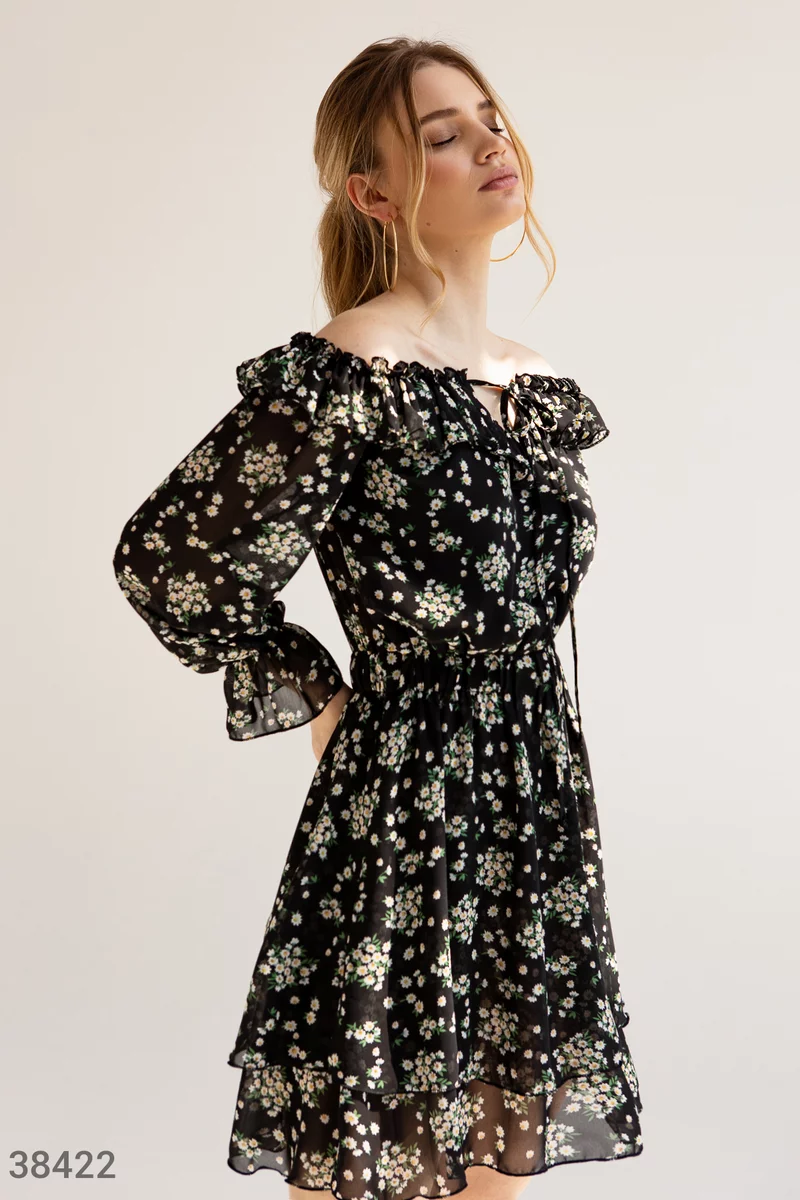 Шифоновое платье-мини с открытыми плечами фотография 1