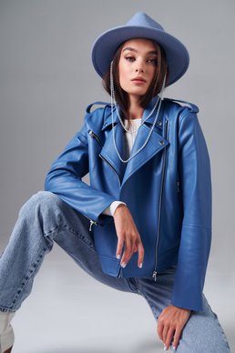 Синя куртка-косуха з блискавками фотографія 3