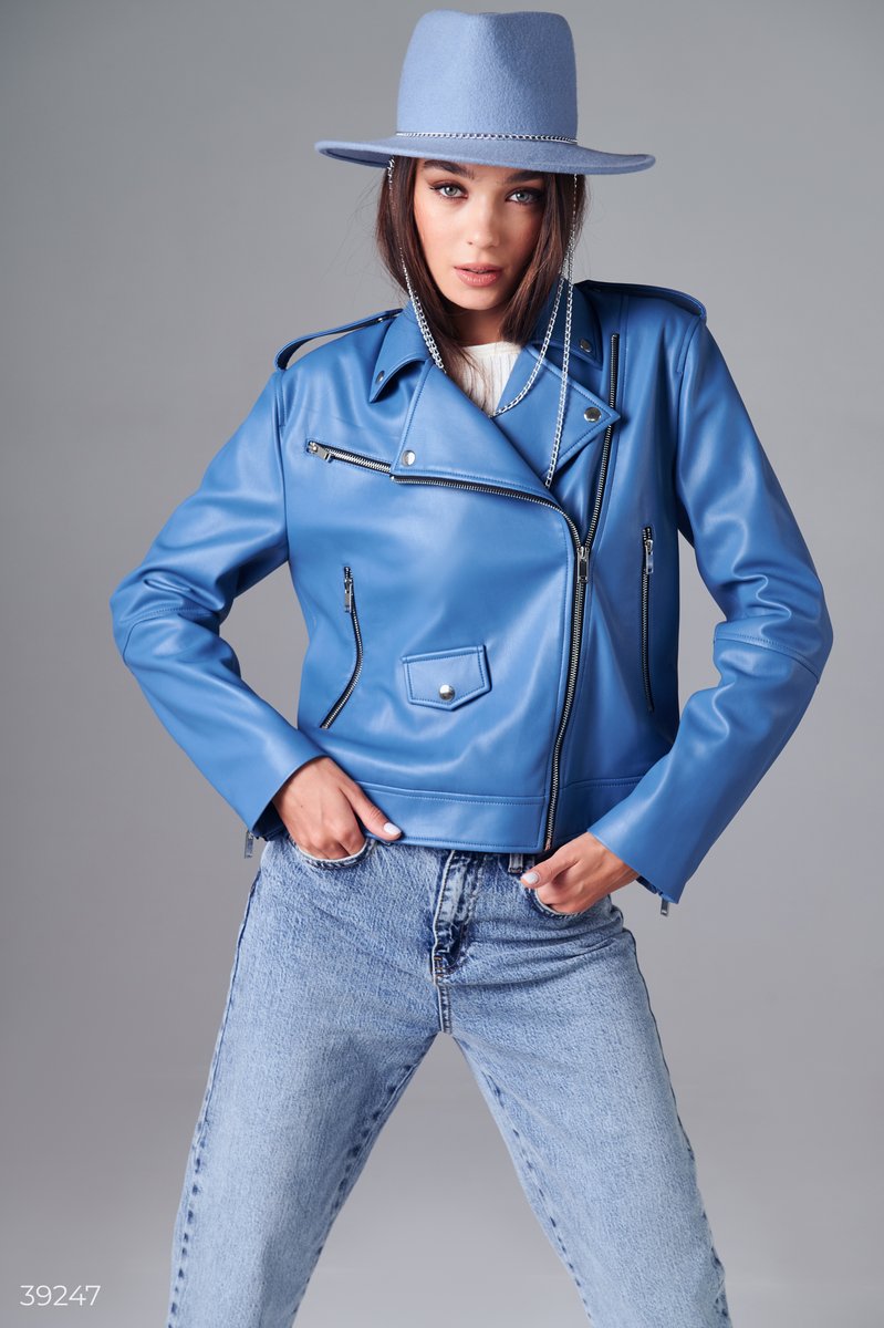 Blue zip-up biker jacket
