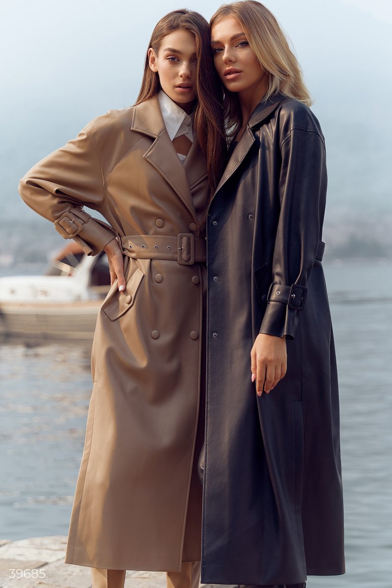 Beige double-breasted leather trench coat Beige 39685