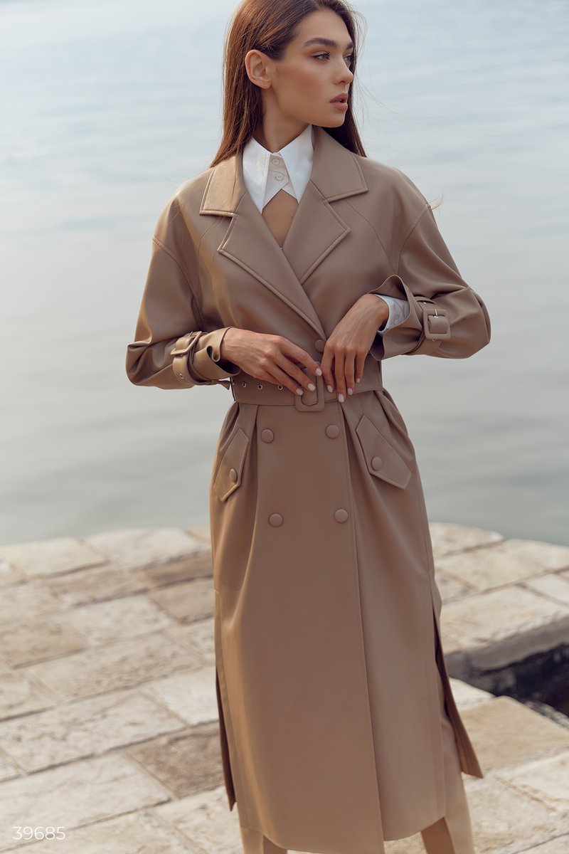 Beige double-breasted leather trench coat