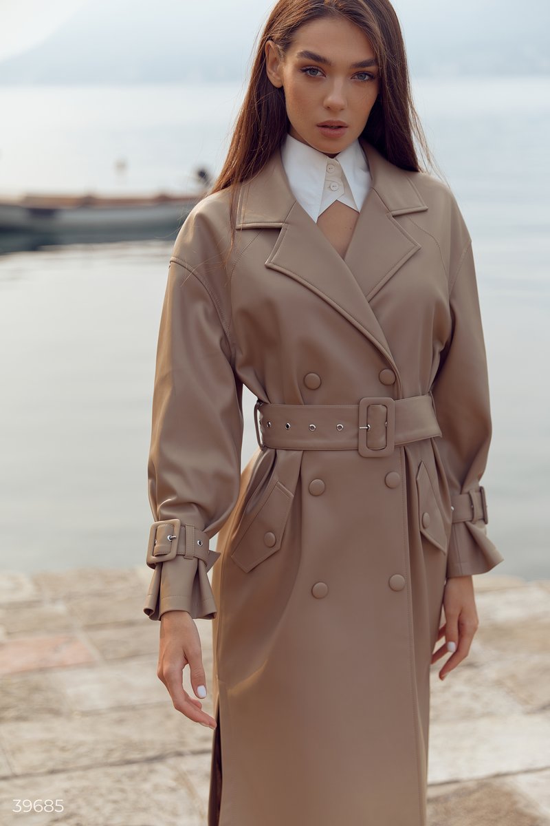 Beige double-breasted leather trench coat