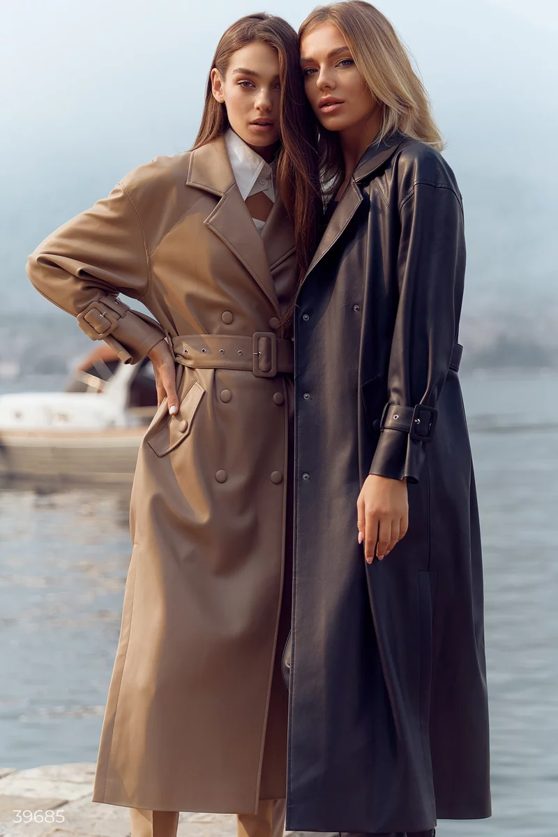 Double-breasted beige leather trench coat photo 1