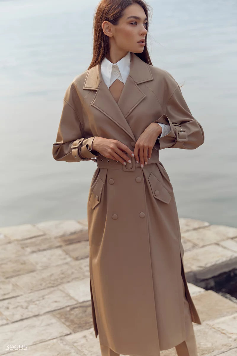 Double-breasted beige leather trench coat photo 3