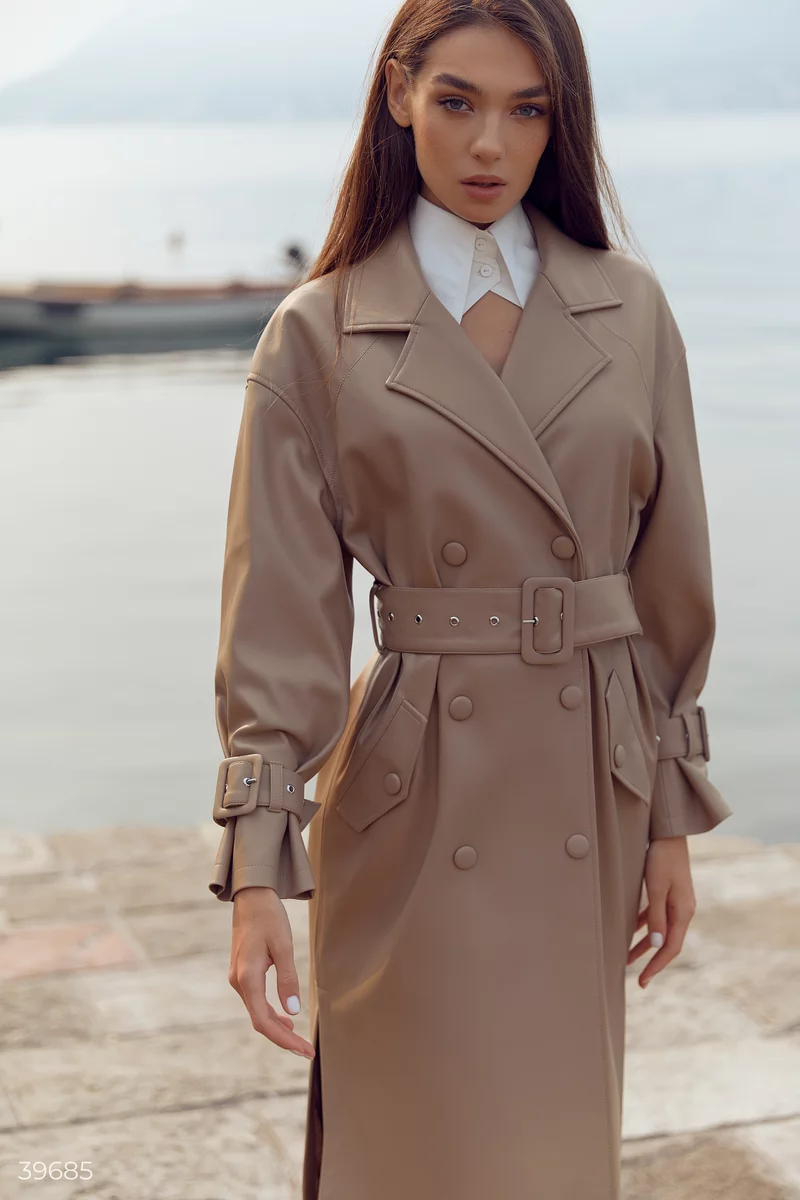 Double-breasted beige leather trench coat photo 4