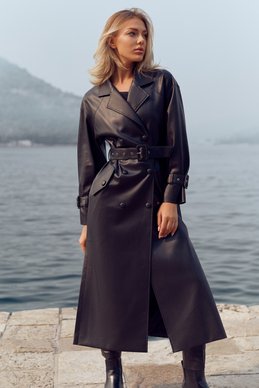 Double-breasted black leather trench coat photo 2