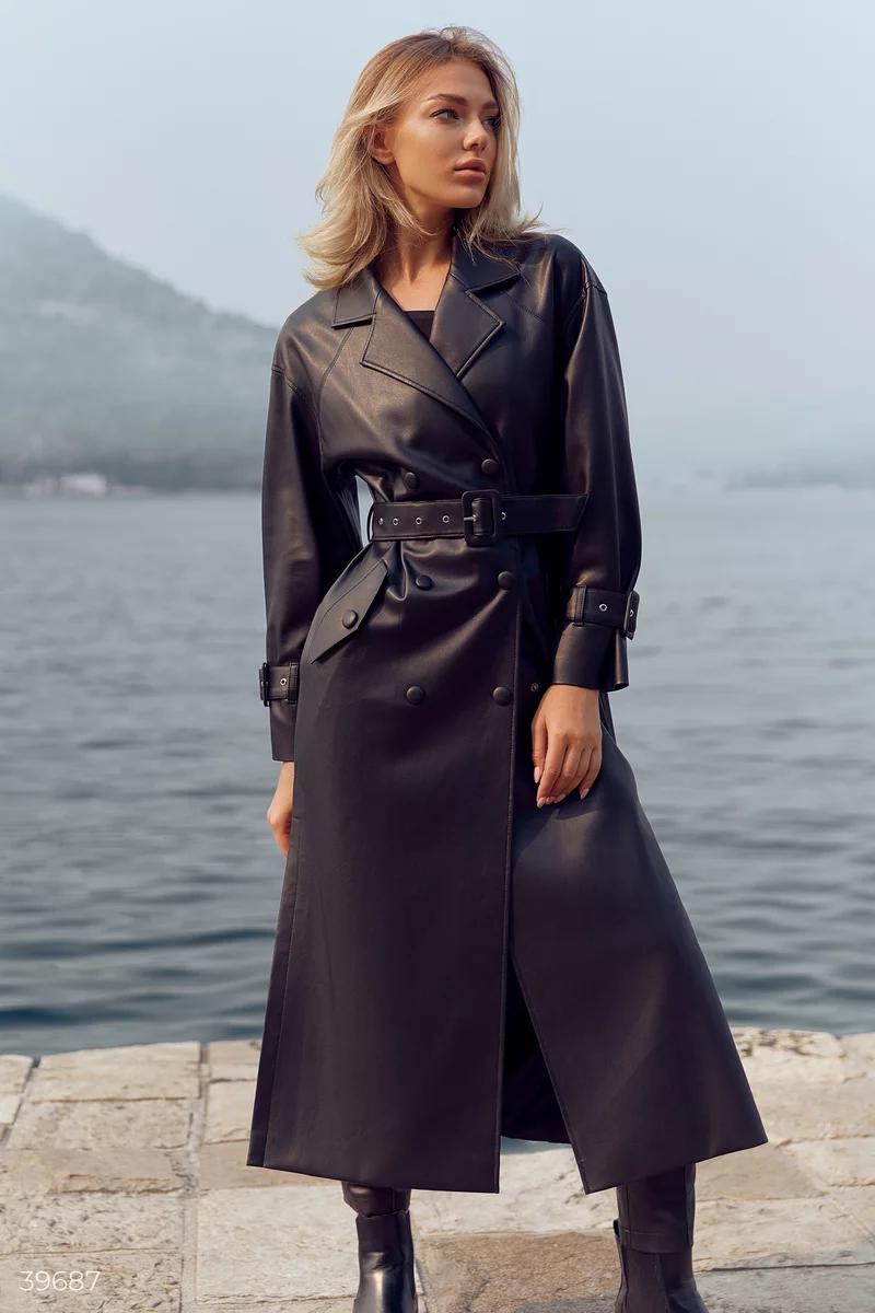 Double-breasted black leather trench coat photo 1