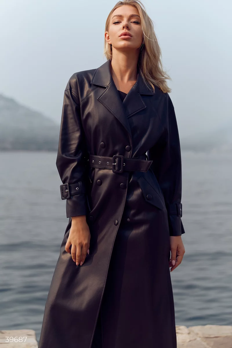 Double-breasted black leather trench coat photo 3