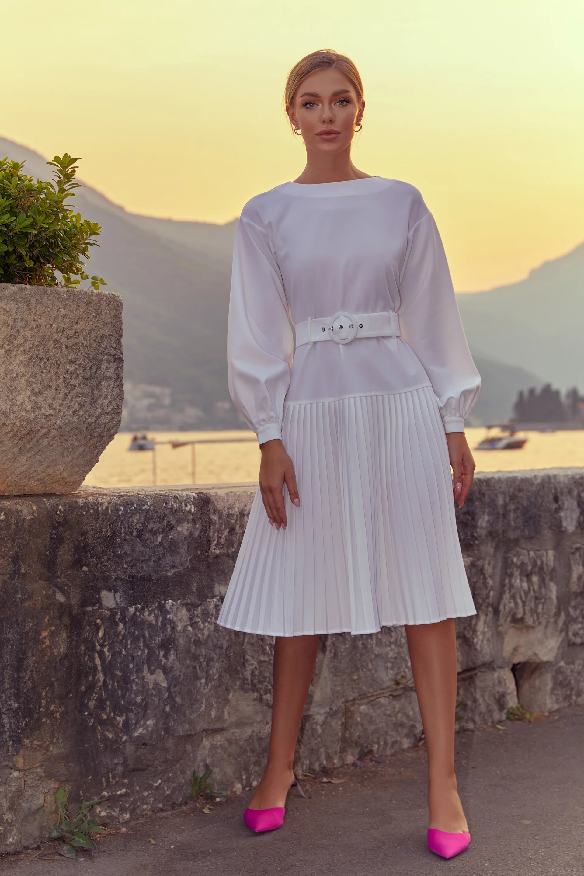 White pleated sales dress