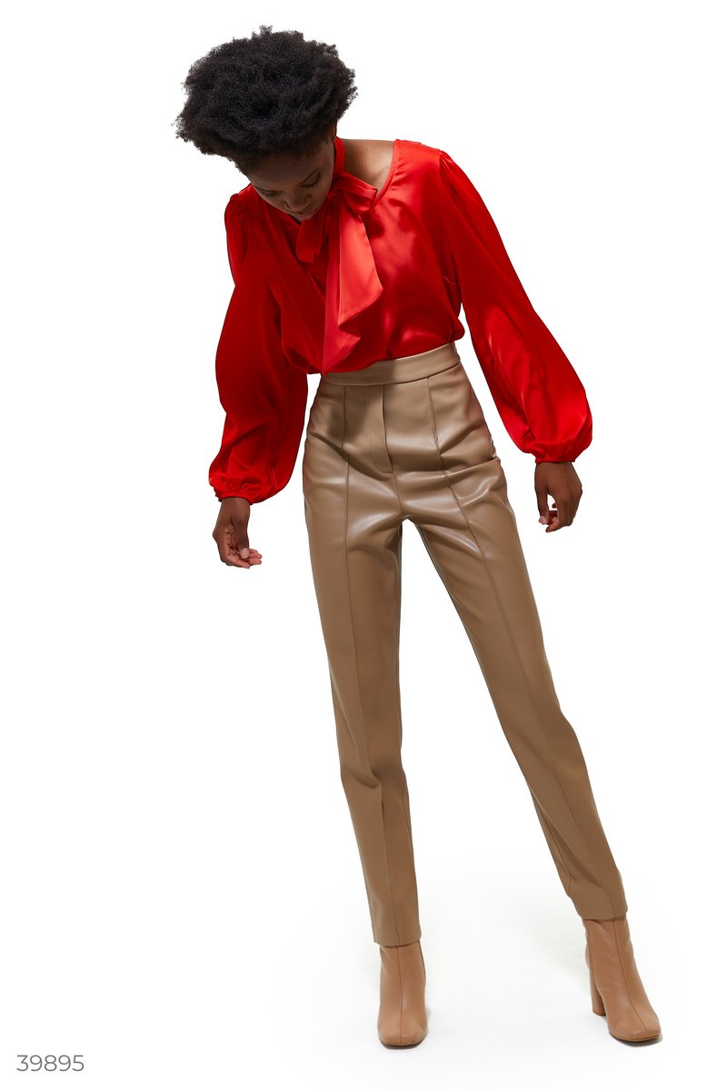 Шелковая блуза с поясом Красный 39895