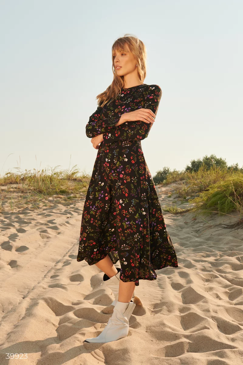 Long sleeve black floral 2024 dress