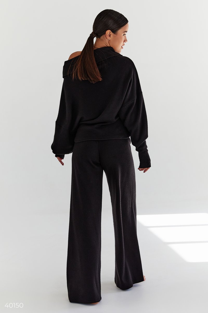 Black jersey suit with wide leg trousers
