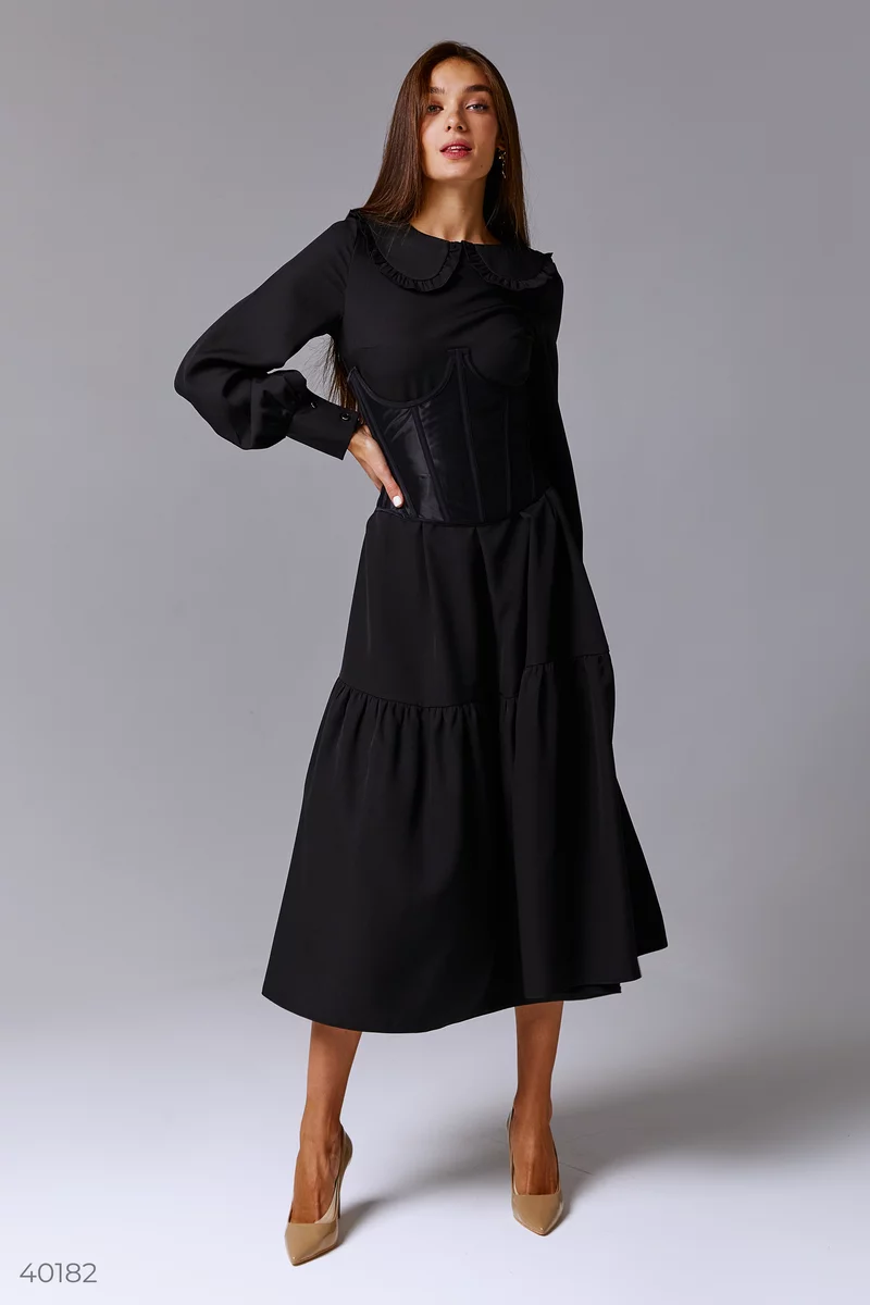 Черное платье миди с оборками фотография 1