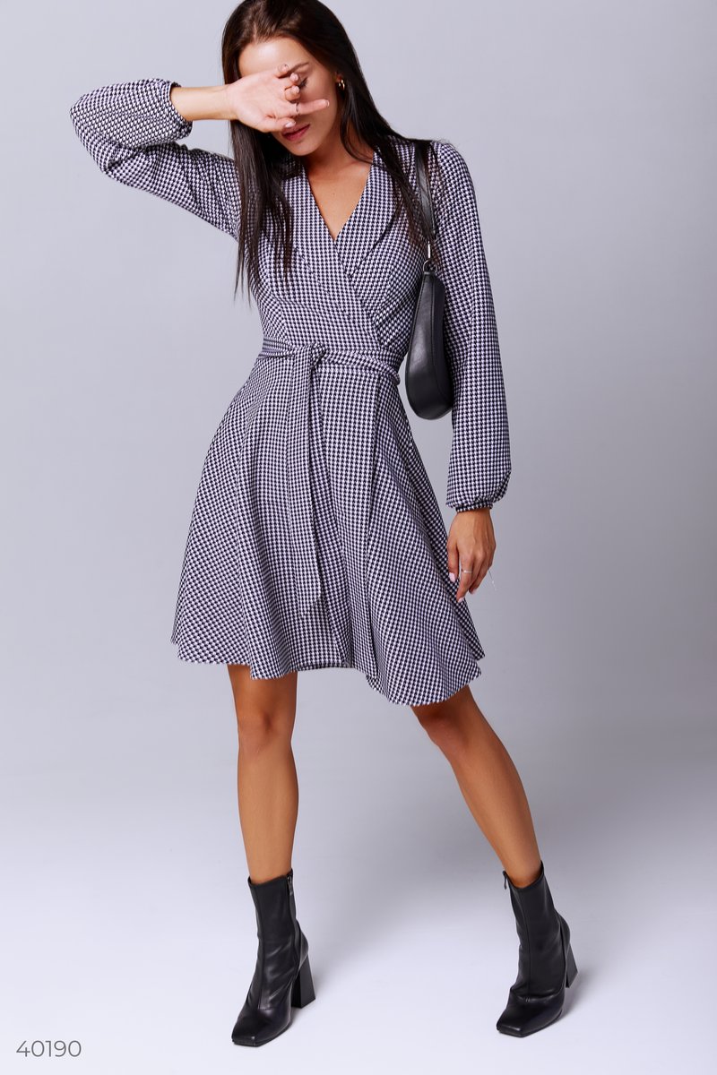 Wrap dress in trendy houndstooth