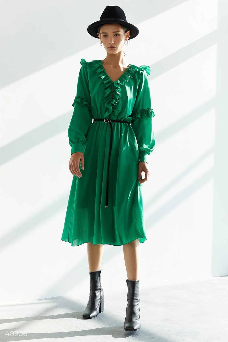 Зелена сукня міді з воланами