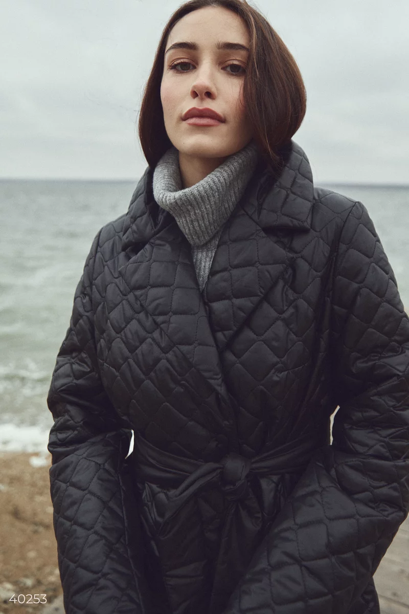 Black quilted coat with belt photo 5