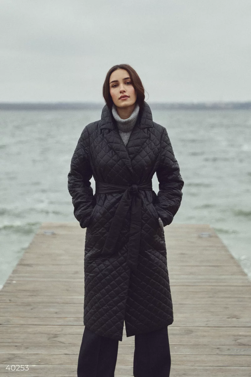 Black quilted coat with belt photo 3