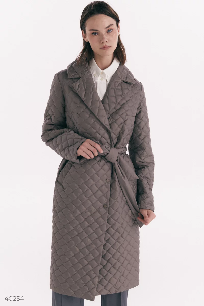 Стеганое пальто с поясом цвета мокко фотография 2
