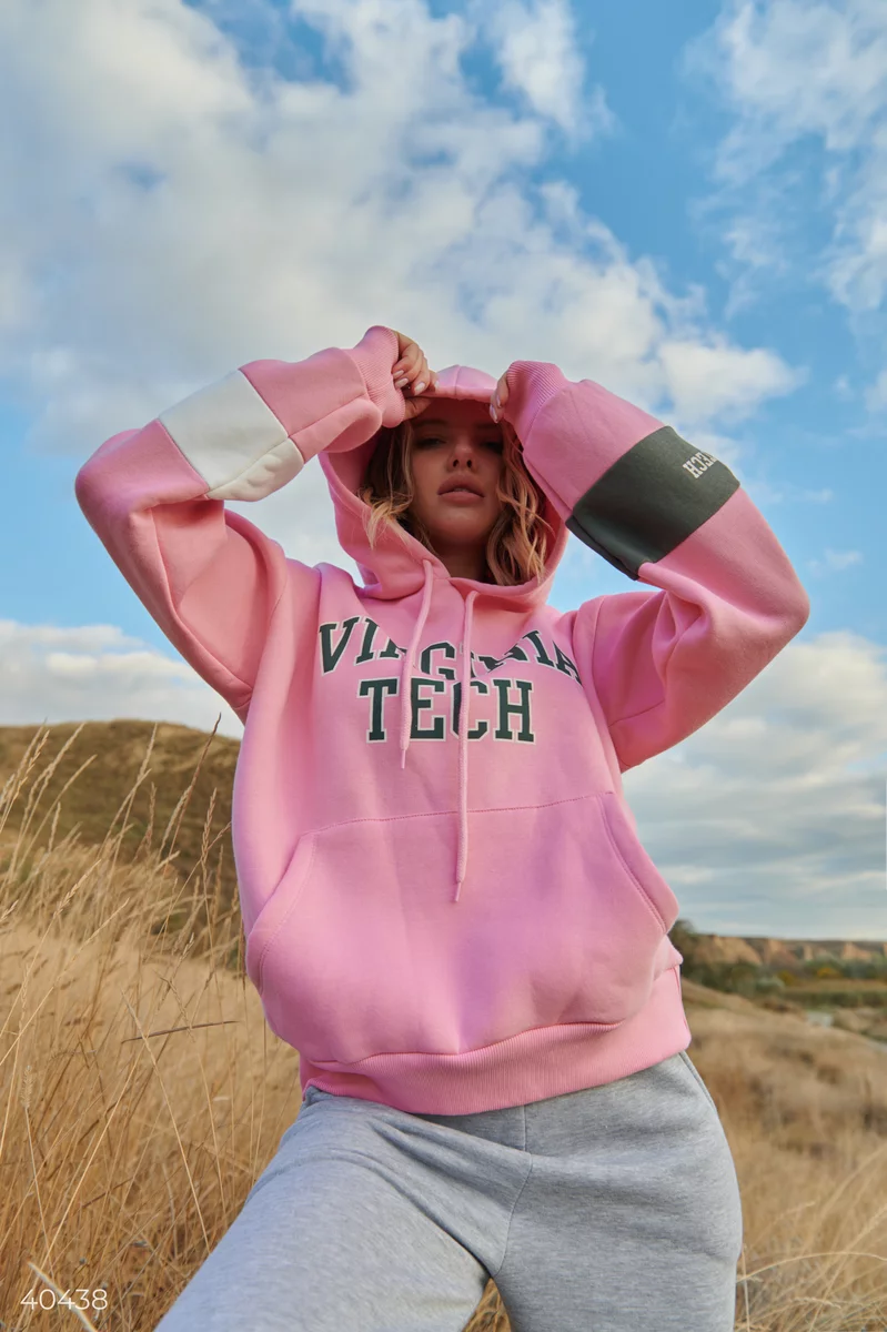 Pink hoodie with colorful slogans photo 1