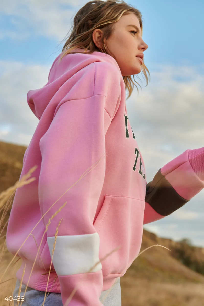 VNECK PINK HOODIE 2767P パーカー ピンク ビンテージ Pink hoodie with colorful slogans (№ 40438) ♡ Gepur - women