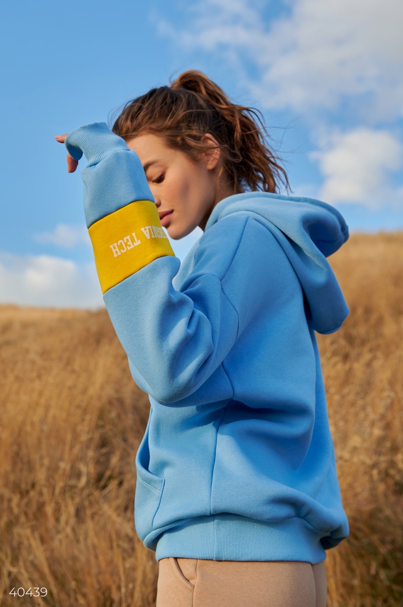 Blue hoodie with colorful slogans