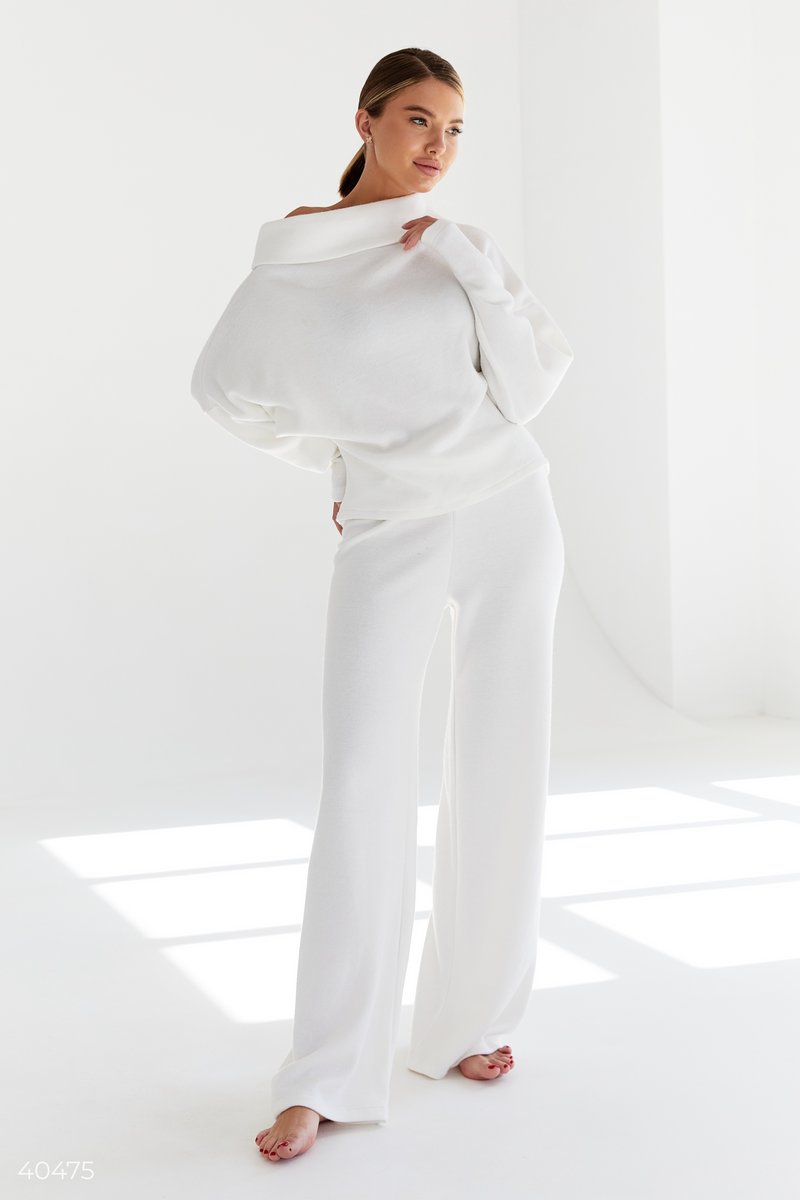 White knitted suit with wide leg trousers