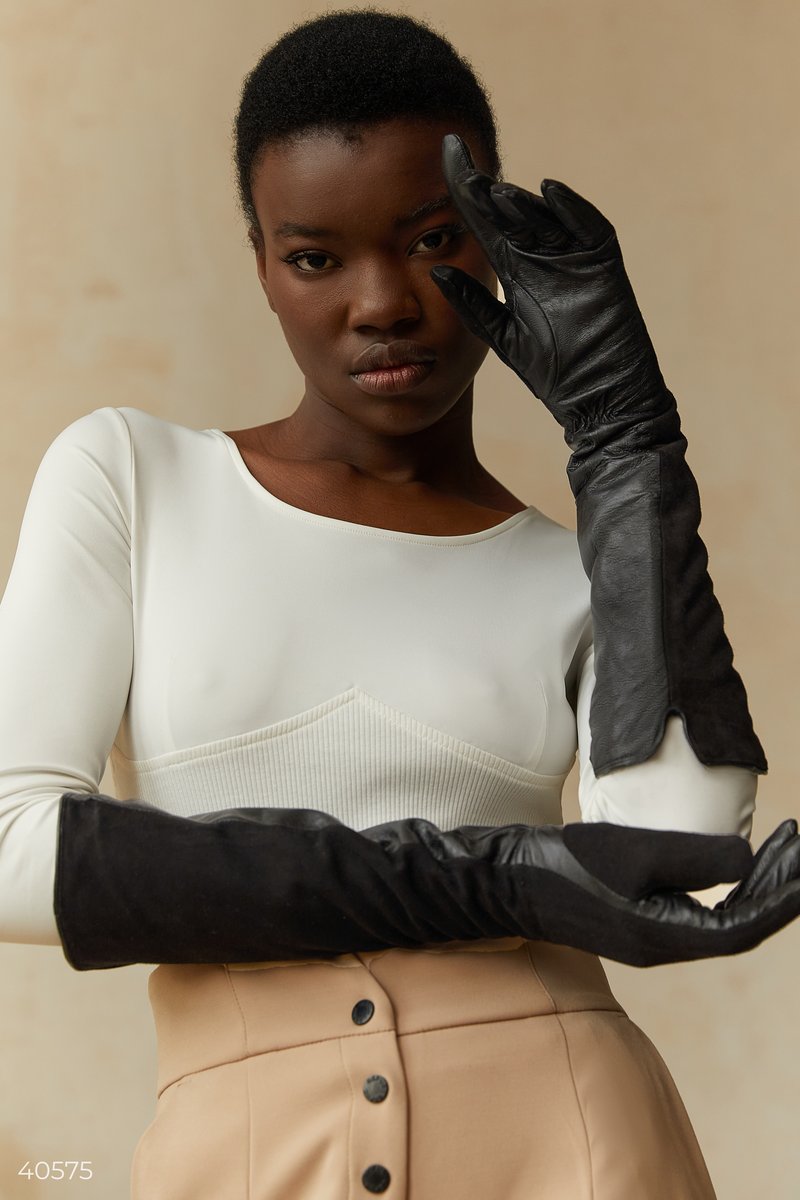 Длинные черные перчатки из натуральной кожи Черный 40575