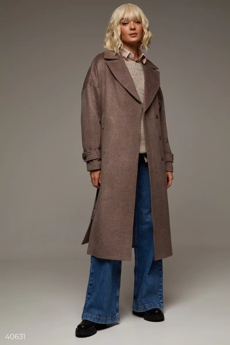 Шерстяное удлиненное пальто цвета мокко фотография 4