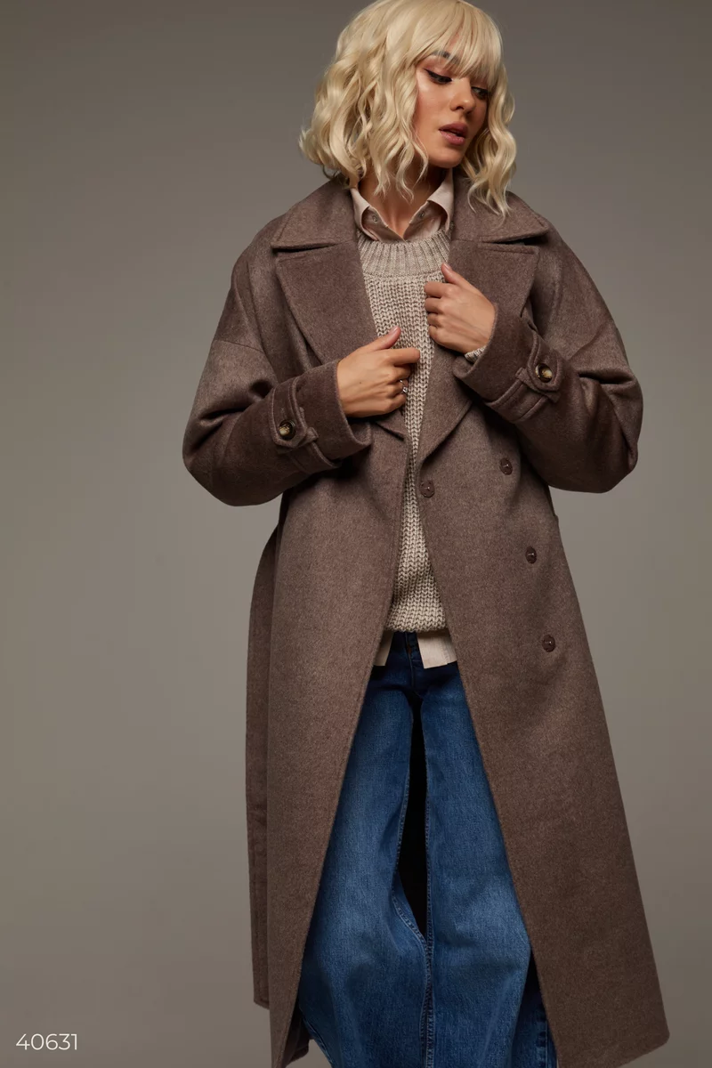 Шерстяное удлиненное пальто цвета мокко фотография 2